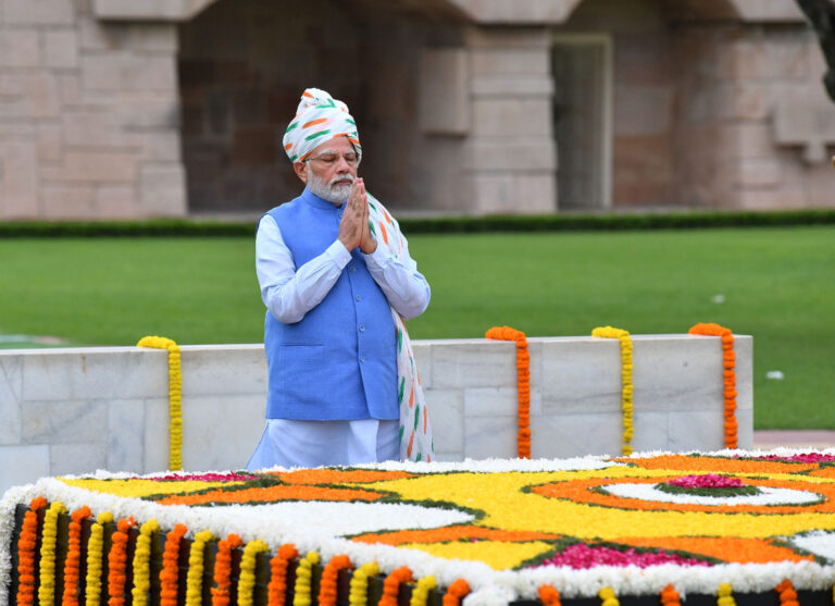 Prime Minister Narendra Modi on Monday paid tributes to Mahatma Gandhi at Rajghat on the country's 76th Independence Day.
