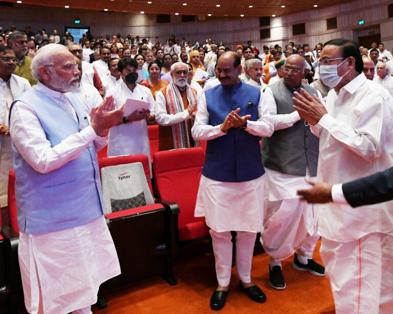 PM attends the farewell function of the Vice President, Shri M. Venkaiah Naidu at Balayogi Auditorium, Parliament House, in New Delhi on August 08, 2022.