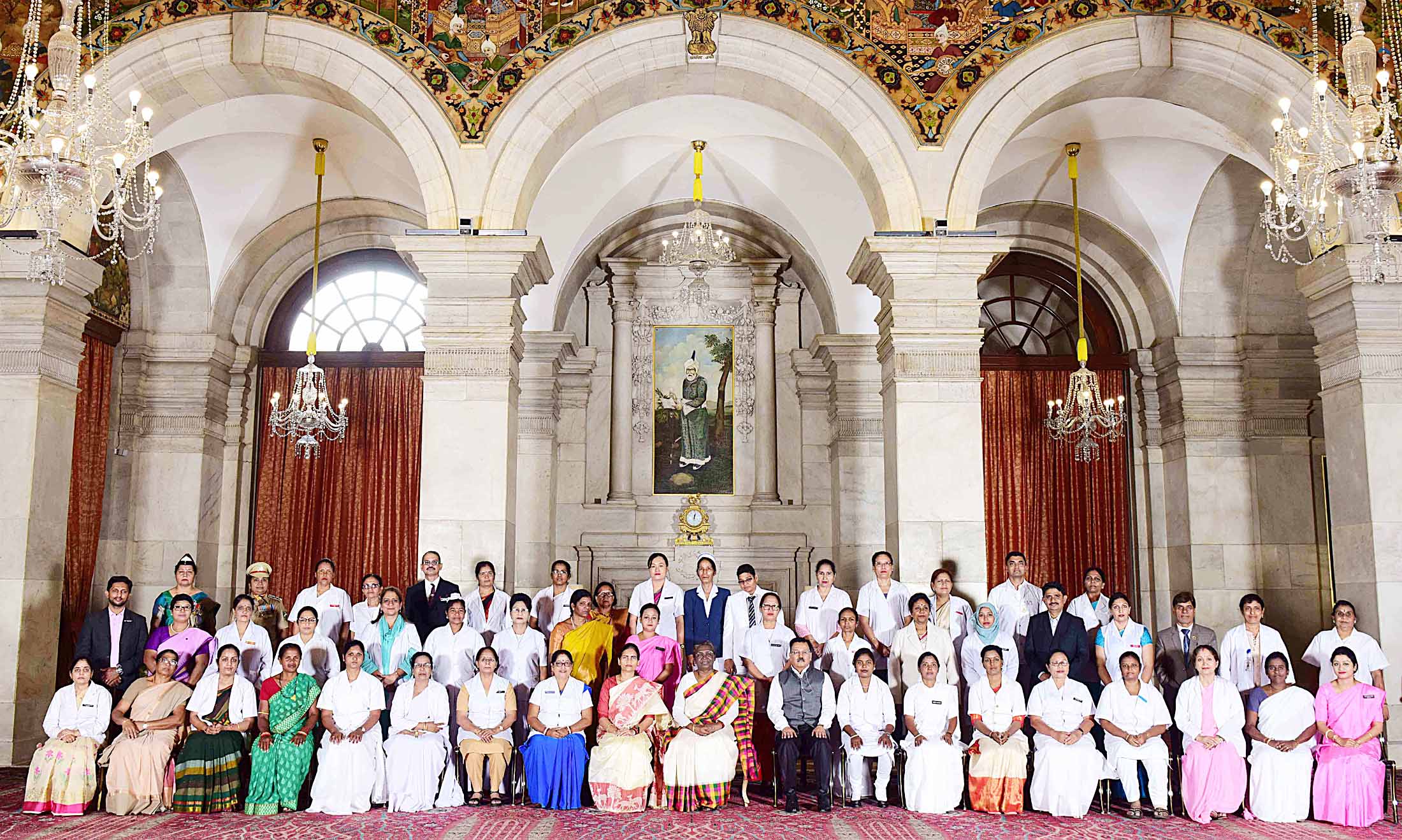 The President, Smt. Droupadi Murmu in a group photo with the awardees of National Florence Nightingale Awards, 2020 and 2021, in New Delhi on November 07, 2022.