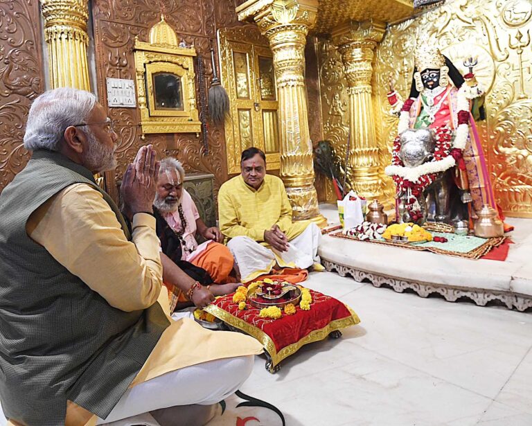 Prime Minister Narendra Modi prayed at the Nagardevi Maa Bhadrakali Mandir in Ahmedabad on Friday.